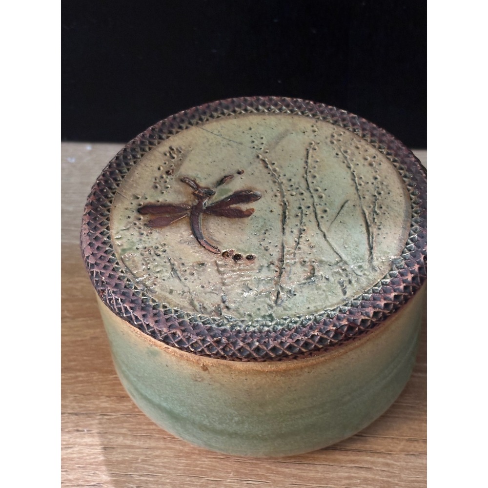 Lippel Studio Pottery Dragonfly Lidded Jar Green Celadon Trinket Box Signed VTG